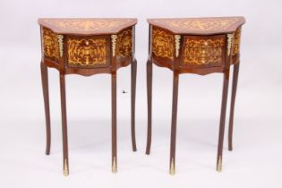 A PAIR OF FRENCH STYLE MARQUERTY AND ORMOLU THREE DRAWER SERPENTINE BEDSIDE TABLES. 2ft 3.5ins