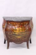 A FRENCH STYLE MARBLE TOP FOUR DRAWER COMMODE, decorated all over, depicting a wooded landscape, 3ft
