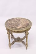 A FRENCH STYLE GILTWOOD AND MARBLE CIRCULAR OCCASIONAL TABLE, 1ft 8in high x 1ft 8in diameter.