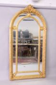 A LARGE, ORNATE GILT FRAMED ARCH TOP PIER MIRROR, with shield shape cresting, 7ft 3in high x 3ft 9in