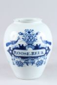 A DUTCH BLUE AND WHITE TIN GLAZE JAR painted with peacocks and Named ROOSE REVIL.