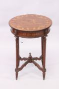A FRENCH STYLE MAHOGANY AND ORMOLU CIRCULAR OCCASIONAL TABLE inlaid with a deer pulling a chariot.