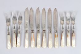 A MATCHED SET OF SIX MOTHER OF PEARL HANDLED FISH KNIVES AND FORKS, Sheffield 1863, maker William