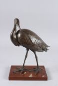 A GOOD 19TH/20TH CENTURY JAPANESE BRONZE MODEL OF A CRANE, standing with its head to one side,