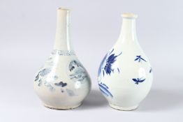 TWO KOREAN BLUE AND WHITE BOTTLE VASES. 10.5ins high.