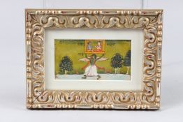 A FINE 18TH - 19TH CENTURY INDIAN RAJASTHAN PAINTING OF GARUDA lifting a canopy with Vishnu and