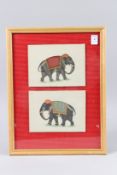TWO FRAMED 19TH - 20TH CENTURY INDAIN PAINTINGS OF ELEPHANTS in a single frame each 5.5ins x 7.