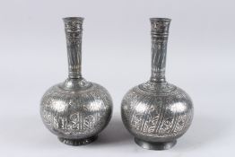 TWO FINE 18TH - 19TH CENTURY INDIAN BIDRI SILVER INLAID SURAHI BOTTLES 10ins high.
