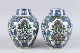 A FINE PAIR OF 19TH CENTURY FRENCH SAMSON ORIENTALIST IZNIK OR DAMASCUS STYLE LIDDED VASES. 9.5ins