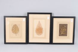 THREE 19TH CENTURY OTTOMAN TURKISH CALLIGRAPHIC LEAVES. Images 6.25ins x 4inx framed and glazed.