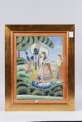 A FINE LARGE, LATE 19TH CENTURY INDIAN PAINTING OF KRISHNA AND RADHA standing on a lotus pedestal.
