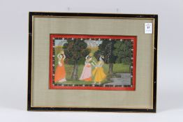 A FINE 19TH CENTURY INDIAN PAHARI SCHOOL PAINTING DEPICTING KRISHNA AND RADHA by a river. Image 6ins