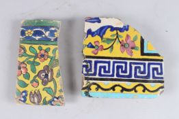 TWO 18TH - 19TH CENTU5RY PERSIAN SAFAVID POTTERY TILES 8ins x 0.75ins, 3.25ins & 7ins x 7ins