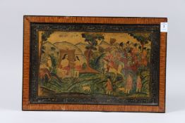 A FRAMED 19TH CENTURY PERSIAN QAJAR LACQUERED PAINTING OF KHUSRU AND SHIRIN. Image 8ins x 15.5ins.