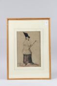 A LARGE EARLY 19TH CENTURY PERSIAN QAJAR DRAWING OF A YOUTH. Image 11.5ins x 7.5ins framed and