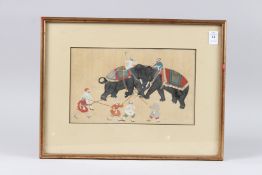 A LARGE 19TH - EARLY 20TH CENTURY INDAIN PAINTING DEPICTING AN ELEPHANT FIGHT. Image 7ins x 11.