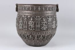 A VERY FINE AND LARGE 19TH CENTURY SOUTH INDIAN TANJORE SILVER INLAID BRASS TWIN HANDLED JARDINIERE.