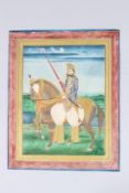 A 19TH CENTURY INDIAN EQUSTRIAN PAINTTING OF MAHARAJA OF BUNDI. Image 6ins x 4.5ins unframed.