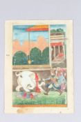 A RARE 19TH CENTURY INDIAN PAINTING OF RUSTAM killing the white elephant, painted on an earlier