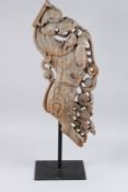 A FINE AND LARGE 17TH - 18TH CENTURY SOUTH INDIAN CARVED WOOD YALI CREATURE on a metal stand.
