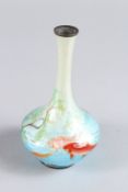 A GOOD SMALL JAPANESE SILVER AND WIRELESS CLOISONNE ENAMEL BOTTLE VASE decorated with four carp