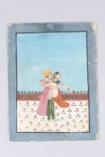 A 19TH CENTURY INDIAN EROTIC PAINTING. Image 7ins x 4.75ins unframed