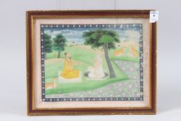A FINE 18TH CENTURY INDIAN PAHARI SCHOOL PAINTING OF A NOBLEMAN visiting a Holy man. Image 8ins x