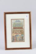 A FINE 19TH CENTURY INDIAN PAINTING OF PALATIAL TERRACE SCENE. Image 7.5ins x 4ins, framed and