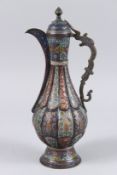 A VERY LARGE FINE 19TH CENTURY INDIAN KASHMIRE ENAMELLED COPPER COFFEE POT. 12.5ins high.