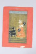 A 19TH CENTURY INDIAN PAINTING of a sitar player. image 8.25ins x 5ins, framed.