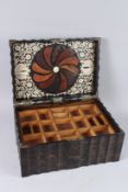 A FINE 18TH - 19TH CENTURY CYCLONES WOODEN JEWELLERY BOX, the inside of the lid inlaid with ivory