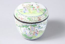 A SMALL 18TH CENTURY CHINESE ENAMEL BOX AND COVER with panels of figures. Signed. 3ins diameter x