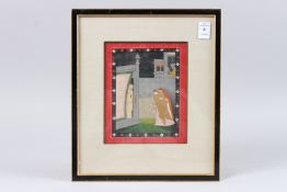 A FINE 19TH CENTURY INDIAN PAHARI SCHOOL PAINTING OF LADIES CONVERSING. Image 6.5ins x 5ins framed