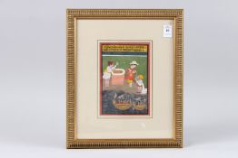 A 19TH CENTURY INDAIN MEWAR PAINTING OF A EUROPEAN FIGURE standing by a well. Image 7.5ins x 4.5ins,