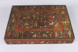 A VERY FINE AND LARGE 19TH CENTURY INDIAN KASHMIRI OR PUNJAB LACQUERED WOODEN BOX depicting