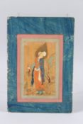 A FINE 19TH CENTURY OR EARLIER, PERSIAN PAINTING OF A STANDING YOUTH. Image 8ins x 4.5ins unframed.