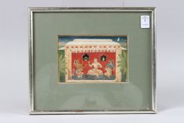 A FINE 17TH - 18TH CENTURY INDIAN PAINTING OF LADIES ON A TERRACE. Image 4.75ins x 5.5ins framed and