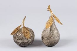 TWO RARE SOLID FILIGREE SILVER FRUITS in original leather boxes, gifted by The President of Tunisia,