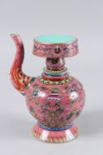 A CHINESE BLUE, SQUARE MARK, COLOURFUL EWER. 8ins high.