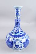 A 19TH CENTURY OTTOMAN TURKISH BLUE AND WHITE IZNIK VASE. 12ins high.