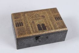 A FINE 19TH CENTURY ISLAMIC SPANISH TOLEDO GOLD INAID STEEL BOX. 5ins high.