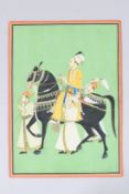 A FINE EARLY 20TH CENTURY INDIAN EQUESTRIAN PAINTING. Image 11.75ins x 8.25ins, , unframed.
