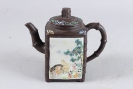 A CHINESE SQUARE SHAPED YIXING TEAPOT with polychrome decoration, 5½in high.
