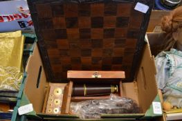 Chess set, boxed telescope and boxed set of weights.