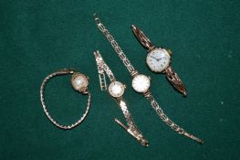 A group of ladies 9ct gold cased wristwatches, some with 9ct gold straps.
