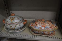 Two reproduction Chinese style tureens, covers and stands.