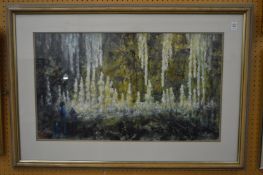 Figures surveying a mystical landscape, acrylic on card.