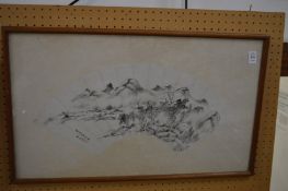 Chinese fan shaped painting, framed and glazed.