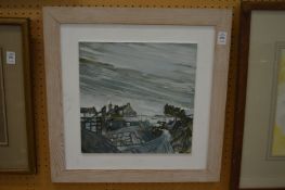 Anne Phelps, wintry rural landscape with cottages, acrylic on board.