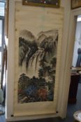 Chinese scroll painting, mountainous river landscape.